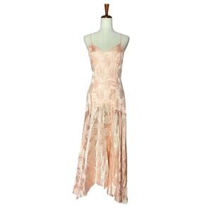 Vintage Peach Floral Satin Drop Waist Dress Prom Wedding Guest Great Gatsby